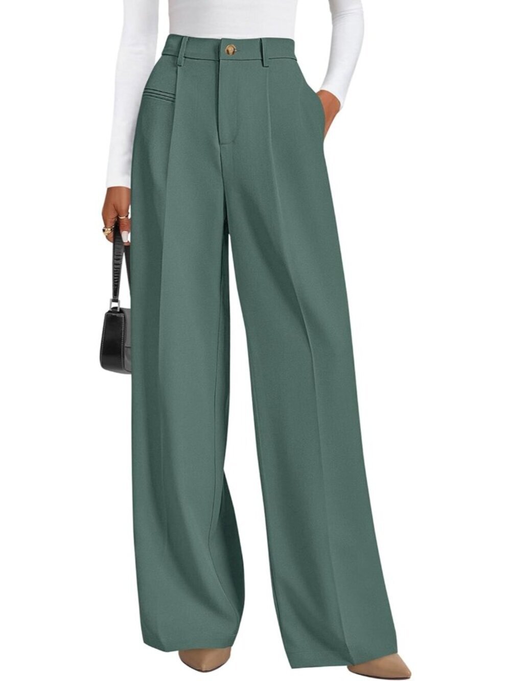 Women's Grey Green Business Casual Flowy Work High Waisted Wide Leg Dress Pants